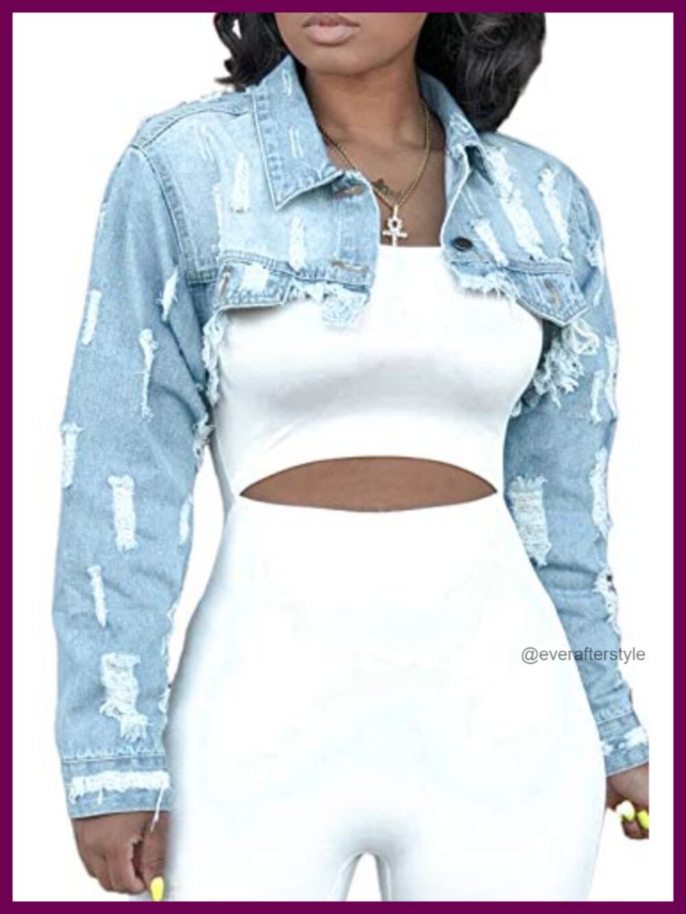 Cropped Denim Jacket for Women Long Sleeve Destroyed Wash Jean Jacket